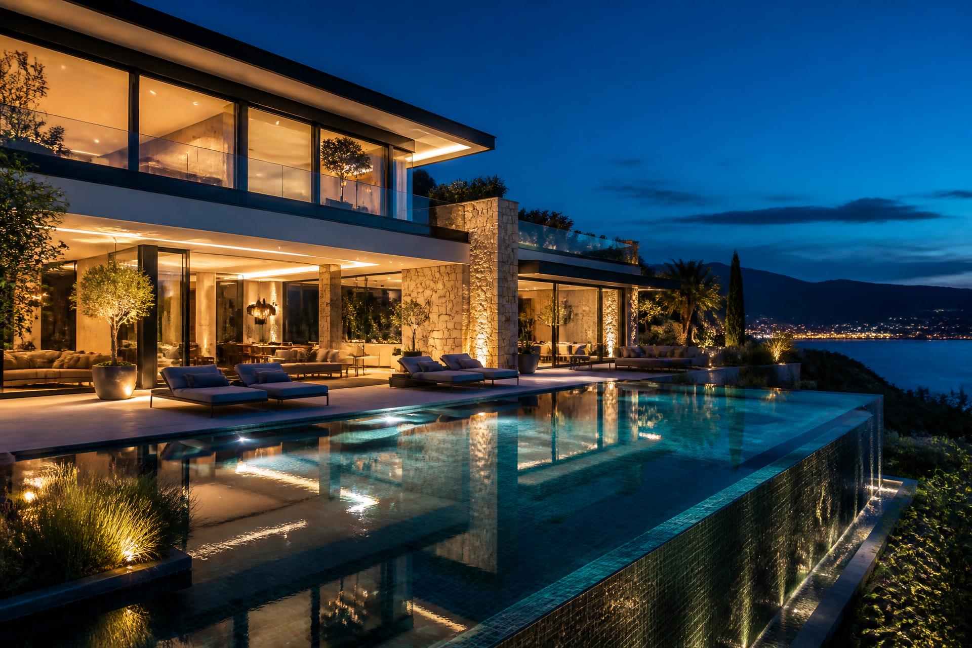 Villa super-prime iluminada al anochecer